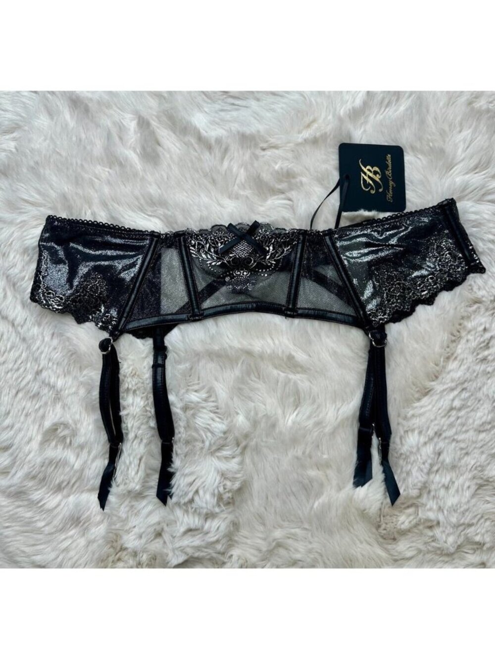 Honey Birdette NATALIE🖤 Black & Silver Metallic Floral Garter Suspender Large